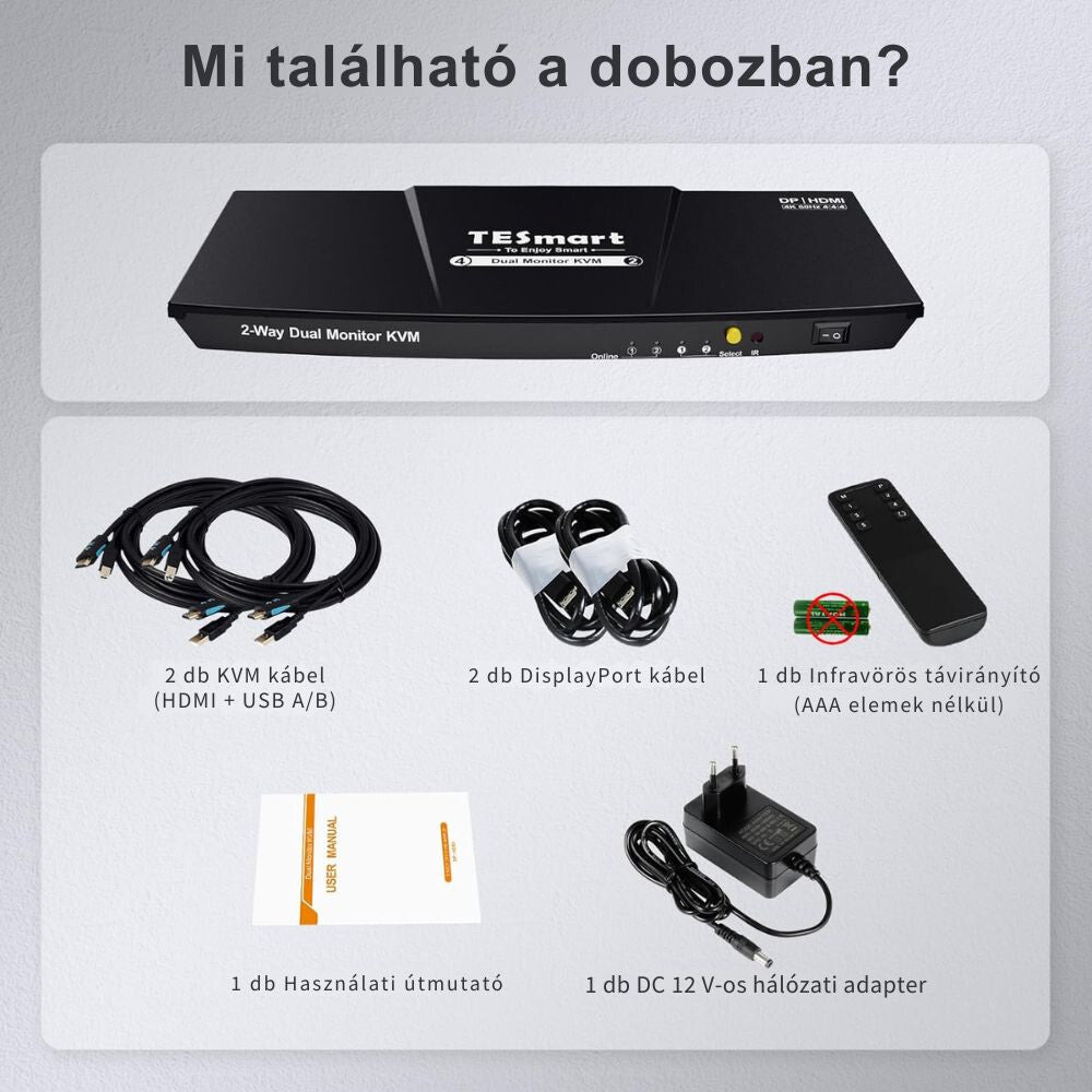 TESmart Dual Monitor KVM Switch – 4×2 (2 PC / 2 Monitor), HDMI + DisplayPort, 4K@60Hz, EDID, USB 2.0 (Fekete)