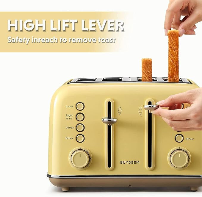 Buydeem DT640E Kenyérpirító – 4 szeletes, Citromsárga Retro Design