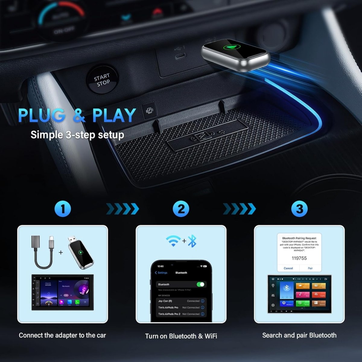 2 az 1 - ben Wireless CarPlay és Android Auto Adapter – Vezeték nélküli autós kapcsolat egyszerűen - BShopy