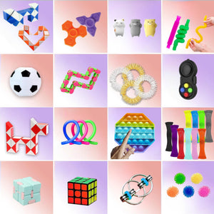 Fidget játék csomag tartalma – pop it, spinner, squishy, kígyó kirakó és logikai kocka