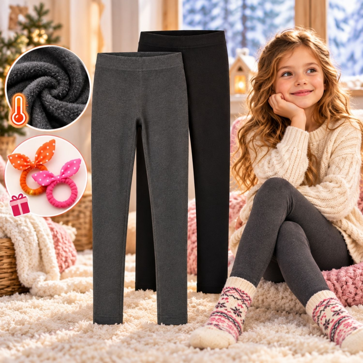 Gyerek Thermo Nadrág Szett 2 db – Meleg Téli Leggings Fekete és Szürke Színben, Ajándék Hajgumival (150)