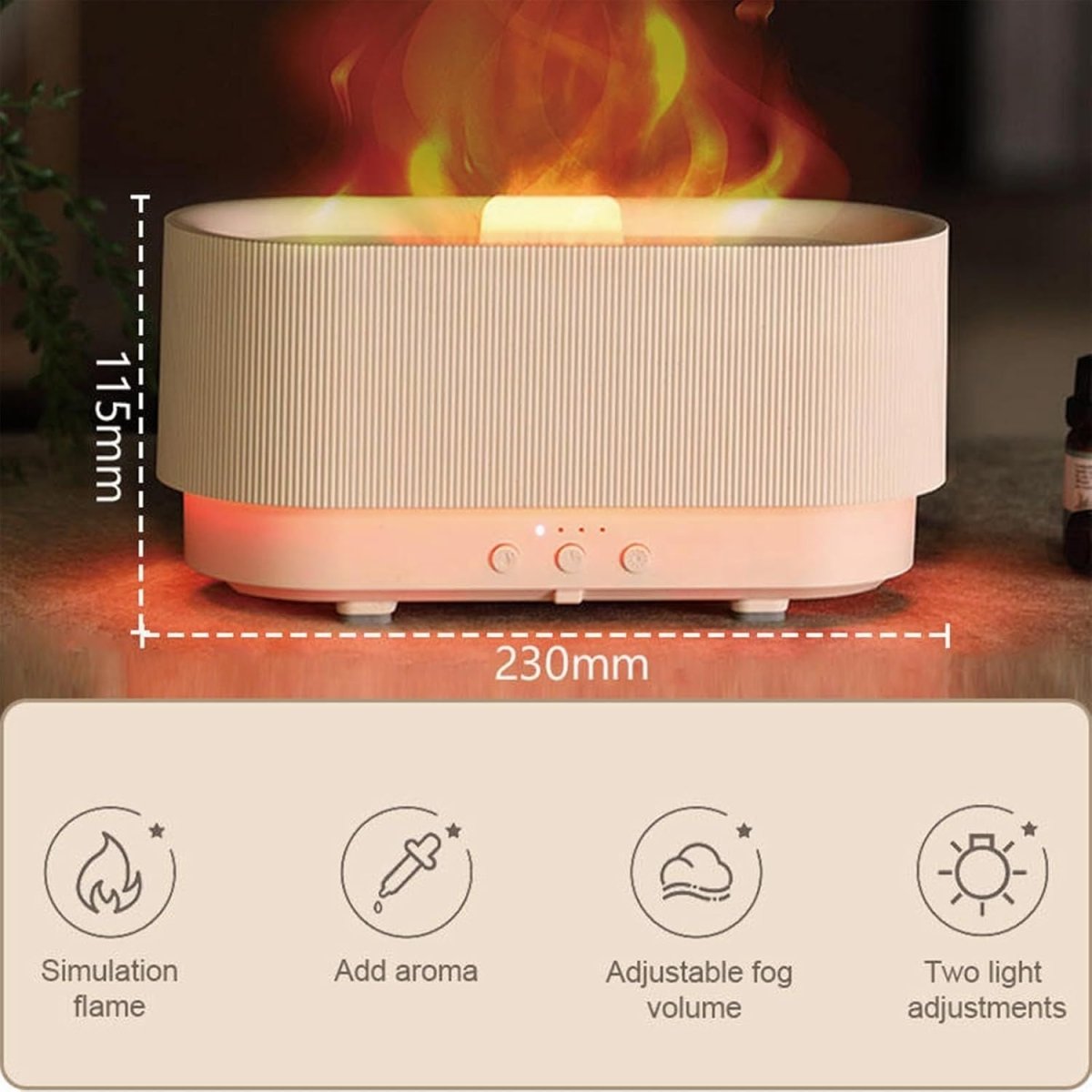 3D Lánghatású Aromaterápiás Diffúzor és Ultrahangos Párásító – LED Hangulatfénnyel, USB - C Tápkábellel, 300 ml - BShopy