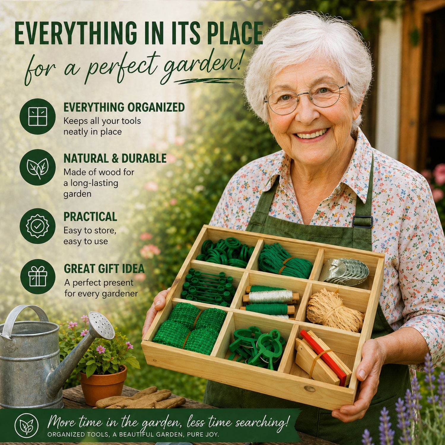 135 Részes Kertészeti Rendszerező Készlet – Fa Ajándékdobozban, Növényjelölőkkel és Kötözőkkel