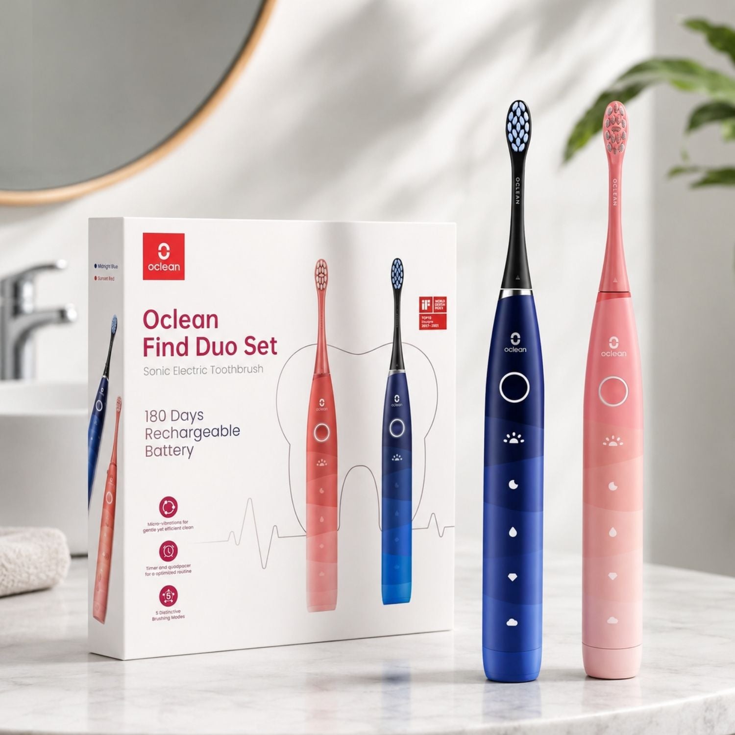 Oclean Find Duo Elektromos Fogkefe Szett – 2 Darabos, Kék és Piros