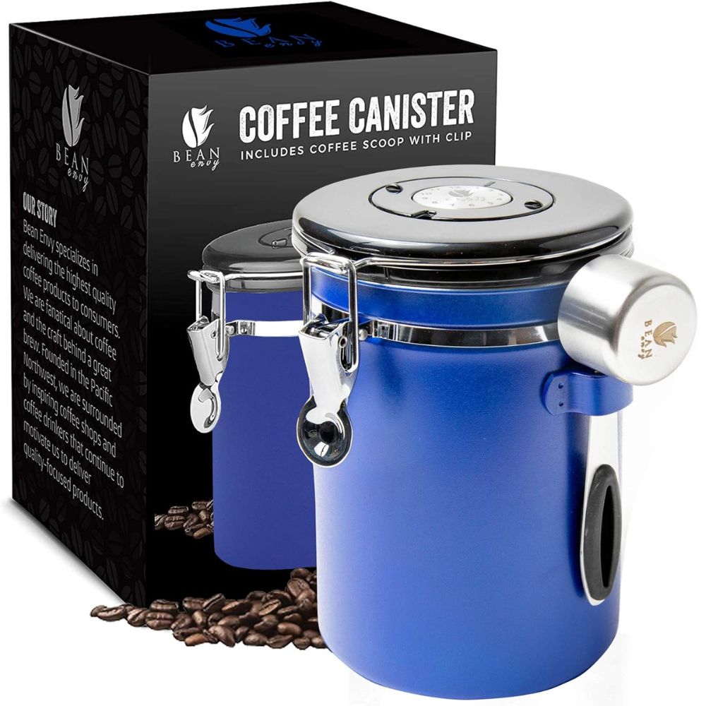 Bean Envy Prémium Légmentes Kávétároló Doboz 3000 ml – Rozsdamentes Acél, CO2 Szeleppel, Dátumjelölővel és Mérőkanállal – Kék - BShopy