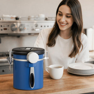 Bean Envy Prémium Légmentes Kávétároló Doboz 3000 ml – Rozsdamentes Acél, CO2 Szeleppel, Dátumjelölővel és Mérőkanállal – Kék - BShopy