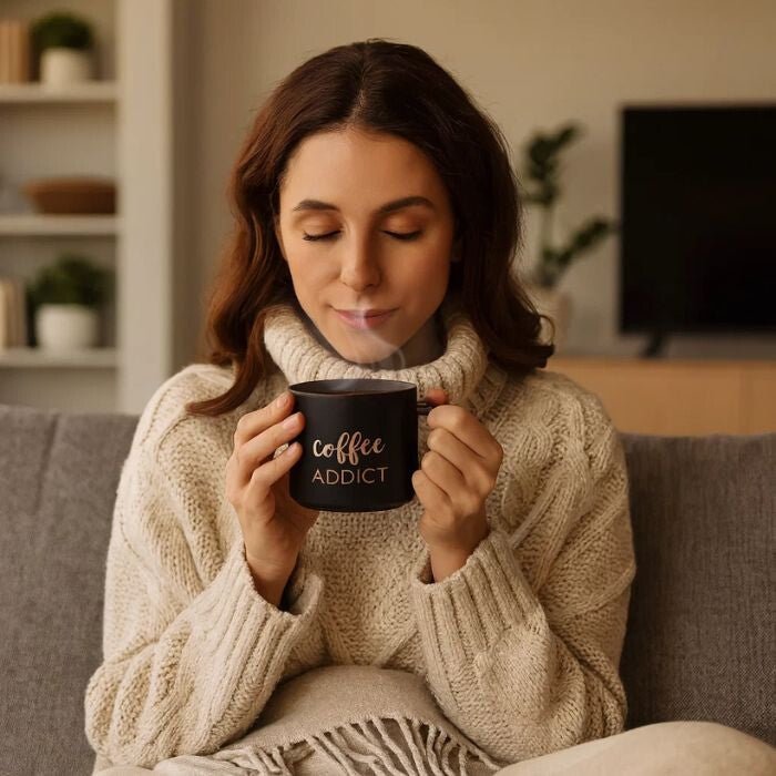Coffee Addict Kerámia Bögre – 410 ml, Kék Arany Felirattal - BShopy