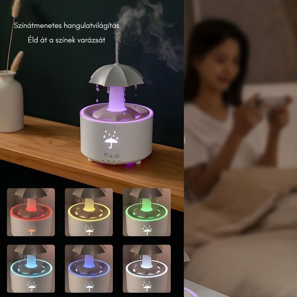 Forgó Esernyő Aromadiffúzor Esőcsepp Hatással – 7 Színű LED Hangulatvilágítással, Időzítővel és Automatikus Kikapcsolással - BShopy