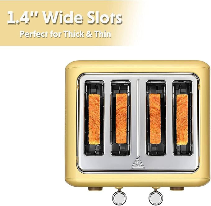 Buydeem DT640E Kenyérpirító – 4 szeletes, Citromsárga Retro Design