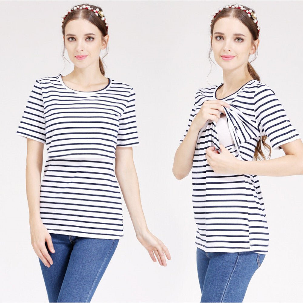 Női Kismama Szoptatós Póló, Rövid Ujjú Felső (Fekete - Fehér Csíkos) S - BShopy