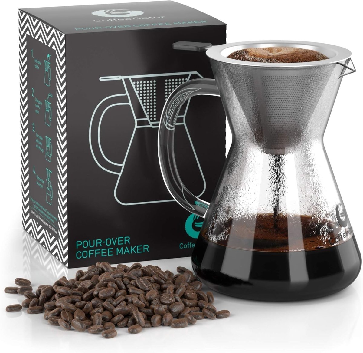 Pour Over Kávékészítő 800ml - Üveg Kanna Fém Szűrővel, Kézi Filteres Kávéfőző - BShopy