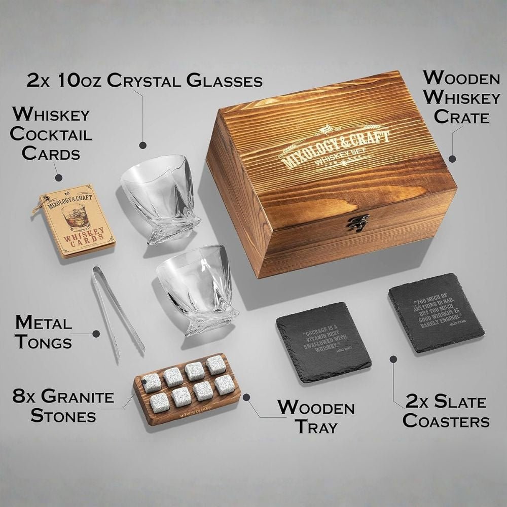 Prémium Whisky Szett 15 Részes - Kristály Poharakkal, Whisky Kövekkel és Bár Kiegészítőkkel - BShopy