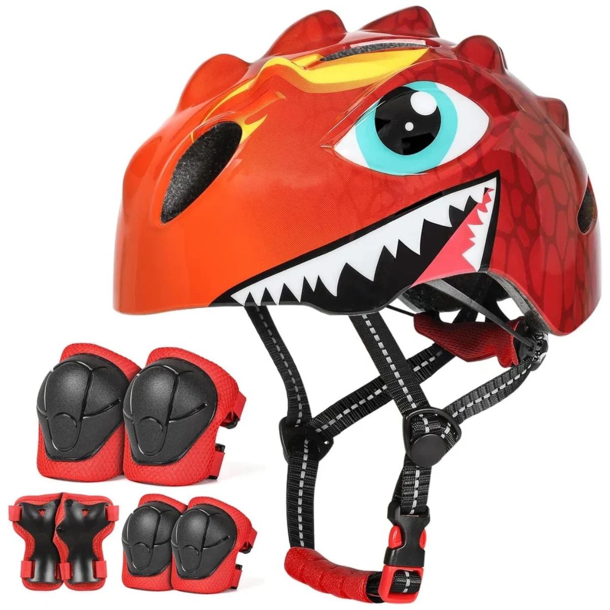 Piros dinoszauruszos gyerek bukósisak szett védőfelszereléssel