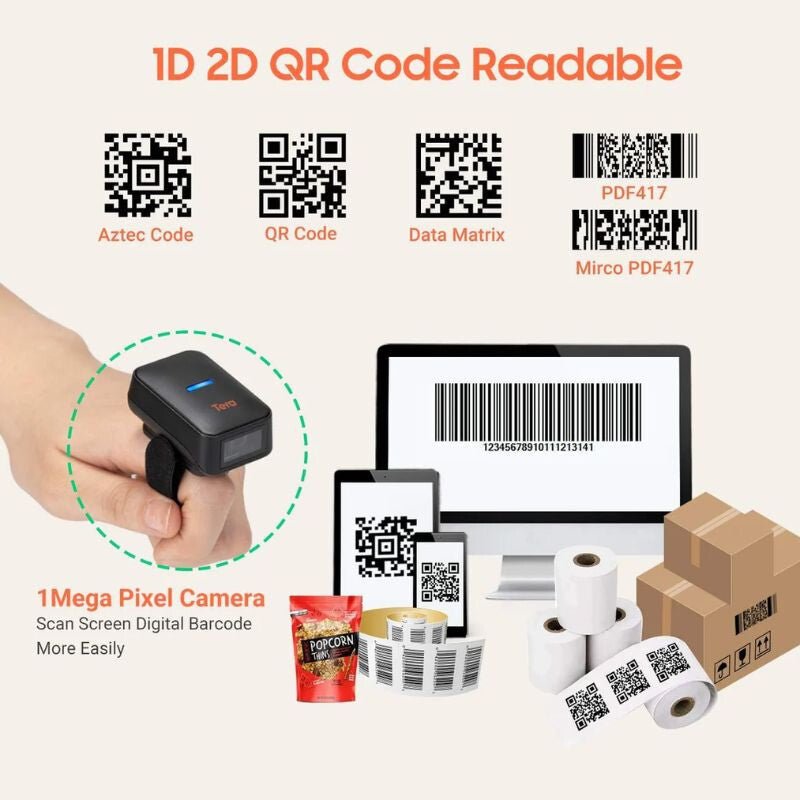 Tera Ergonomikus Gyűrűs Vonalkódolvasó – 1D & 2D QR, Bluetooth / 2.4G / USB Csatlakozás - BShopy
