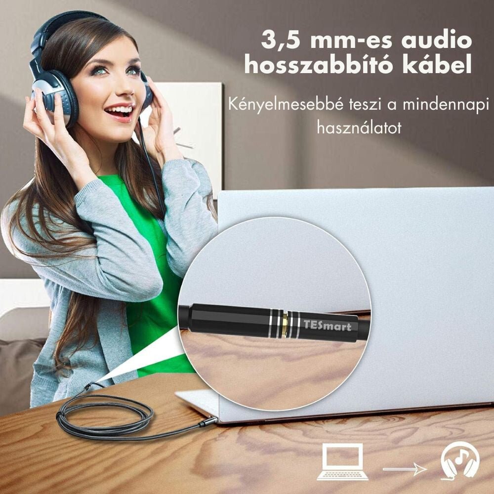 TESmart 3,5 mm - es TRS Mikrofonos Fejhallgató Hosszabbító Kábel – Telefonhoz és PC - hez (3,03 m, Fekete) - BShopy