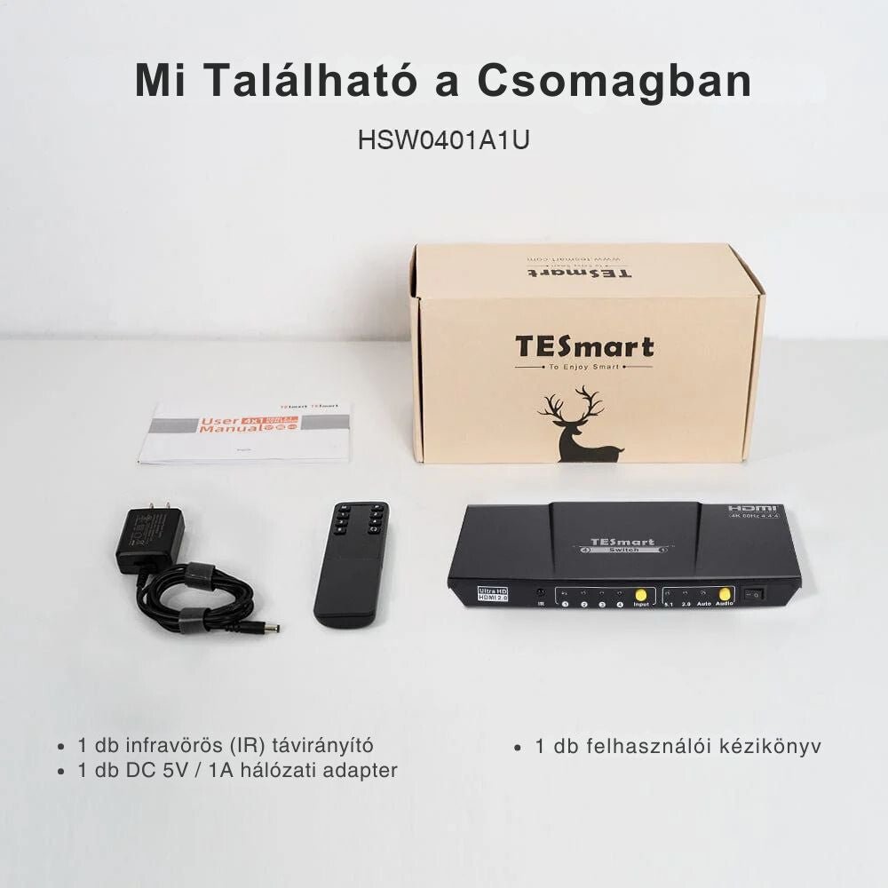 TESmart UHD HDMI Switch – 4x1 (4 Bemenet 1 Kimenet), 4K@60Hz, HDR10, Dolby Vision, S/PDIF, CEC, Audió Kimenettel (Fekete) - BShopy
