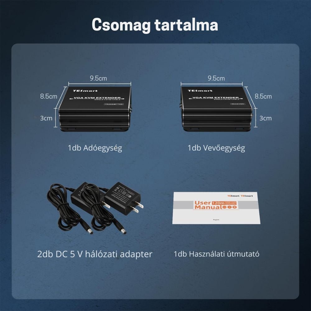 TESmart VGA–KVM Extender – Cat5e/6 Kábelen, 1080p@60 Hz, 300 m, EDID Támogatás, TX/RX (Transmitter & Receiver) - BShopy