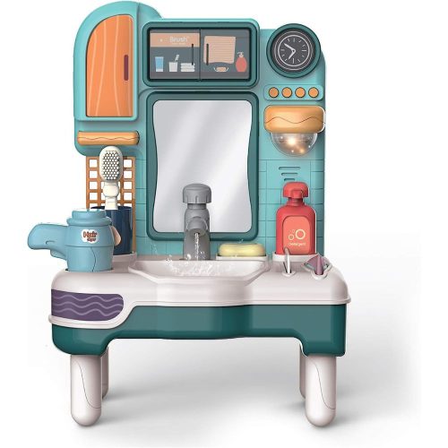 Fürdőszobai tükör mosogatóval, csappal (vízpumpa) és pipere kiegészítőkkel, világító és hanglejátszós